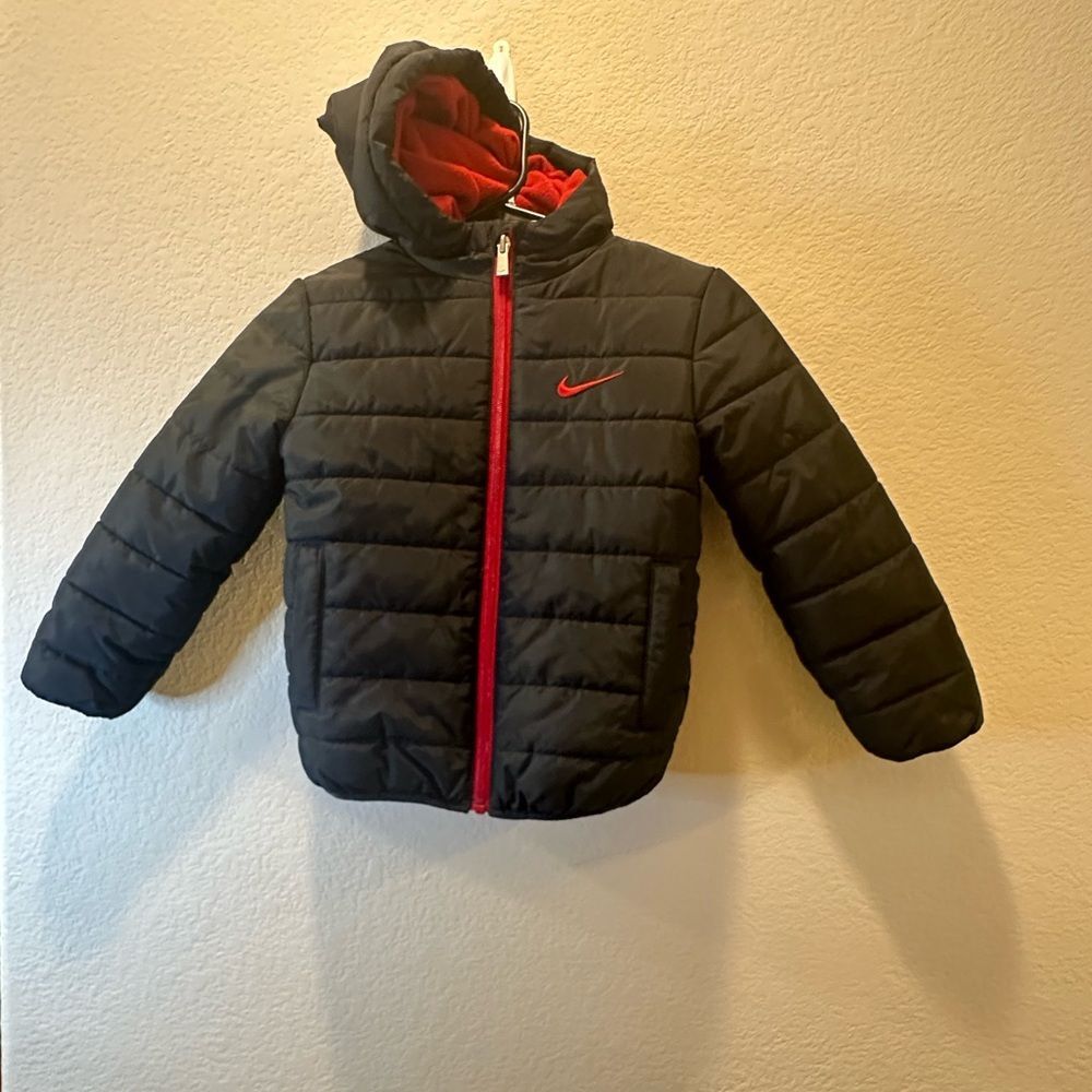 Nike Youth S Black Puffer Jacket Red Swoosh